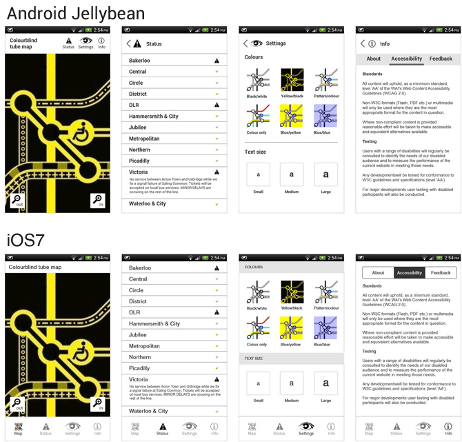 Mobile app wireframes showing variations for Jellybean and iOS7