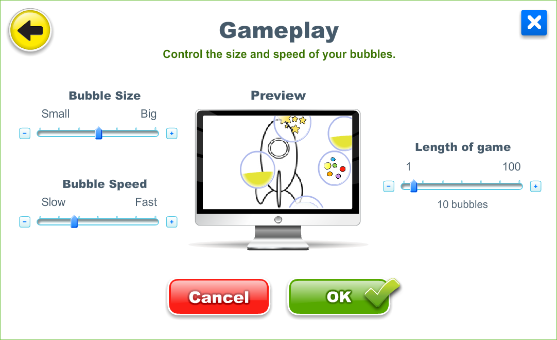 Configurable speed, game length and target size in Tiny Tumble Bubble Art