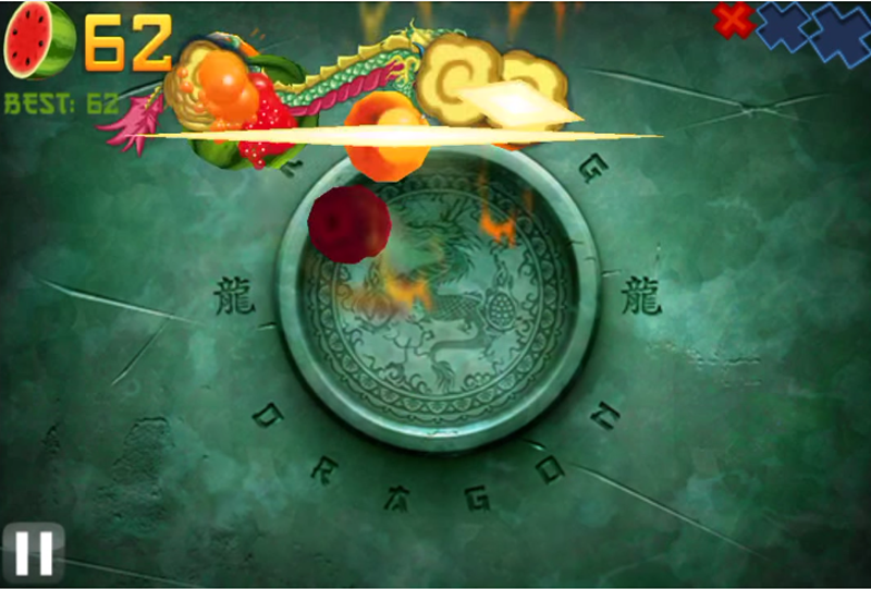 Screenshot of a horizontal swipe slicing several fruit in half in Fruit Ninja