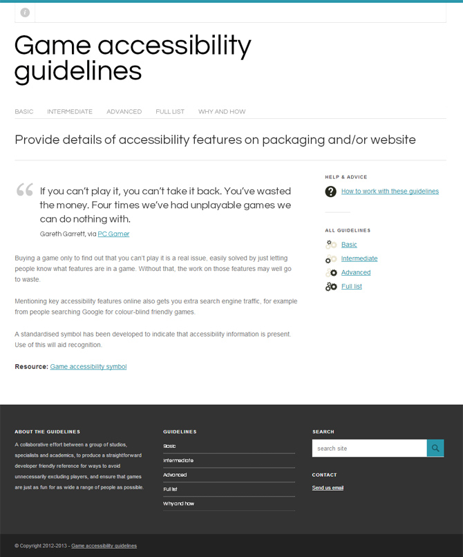 Game accessibility guidelines website showing individual guideline